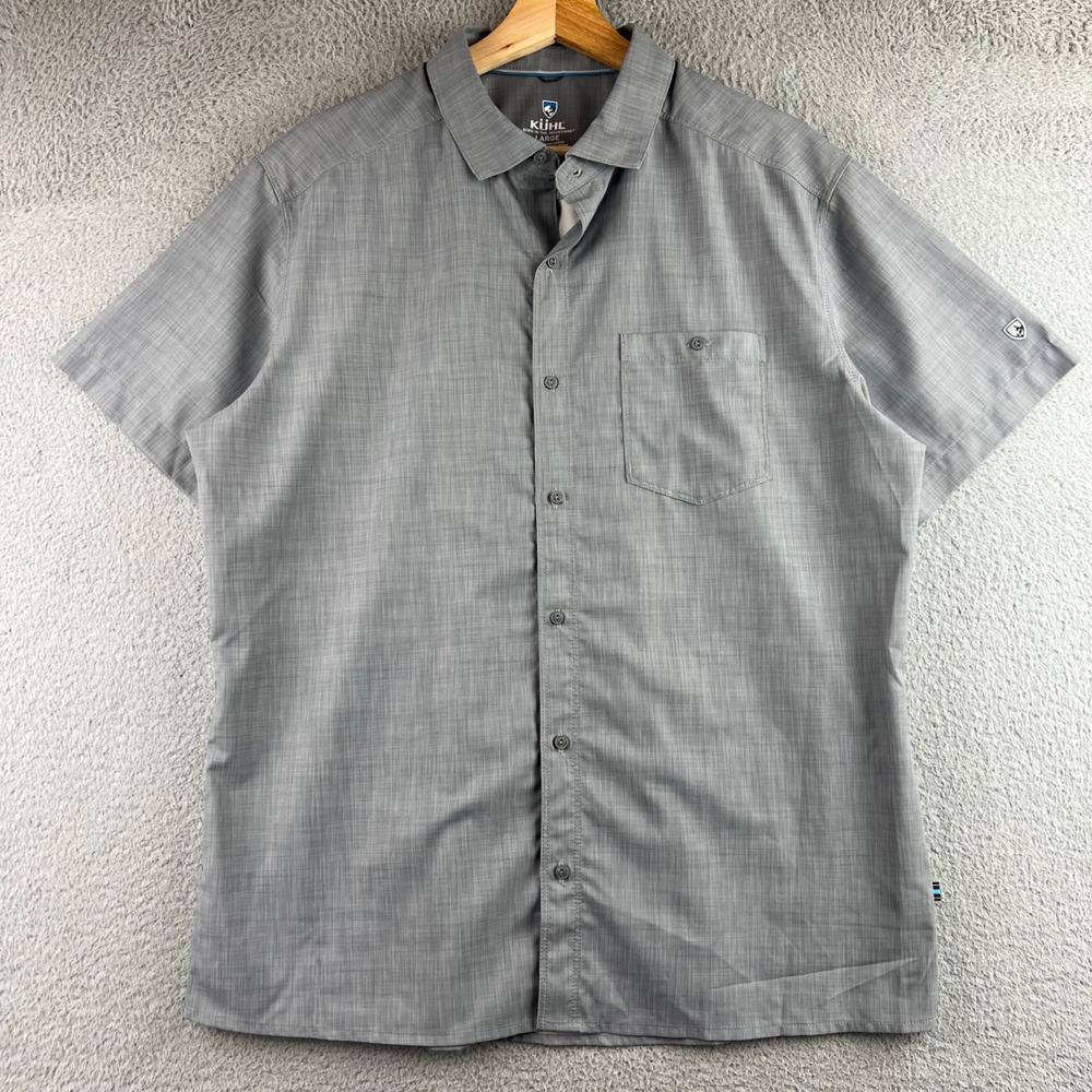 KUHL Mens Grey Crosshatch Short Sleeve Button Down Shirt Large Hiking Outdoor